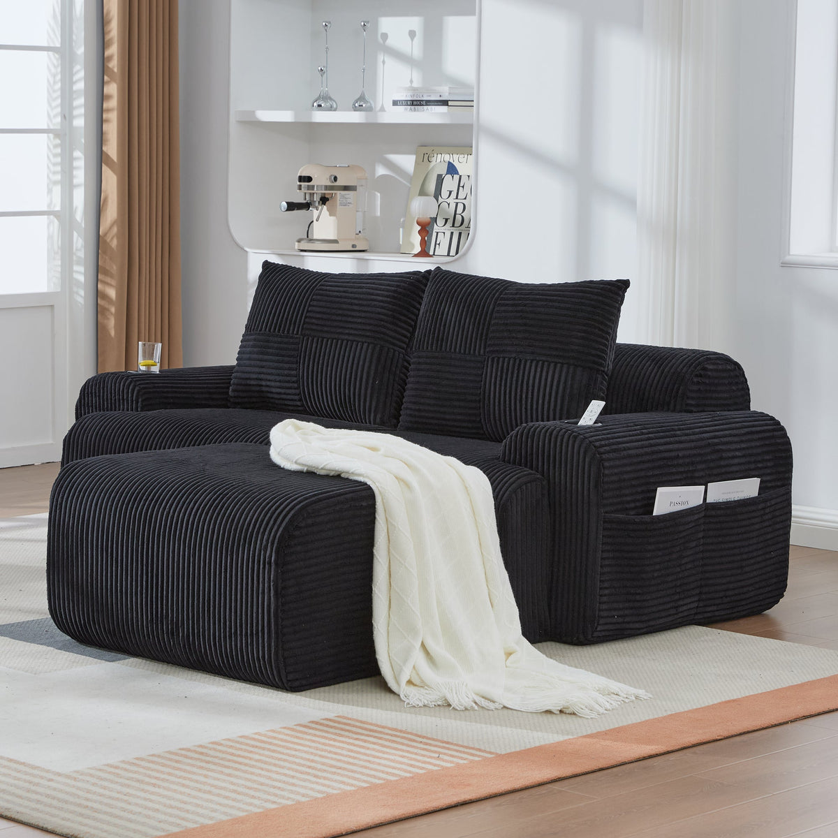 Modular 2-Seater Sofa with Ottomans, Cup Holders and Storage Pockets, Black Corduroy