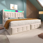 Upholstered Double Bed 180x200cm, Hydraulic Storage, LED Headboard and USB-C Charging, Beige Cotton