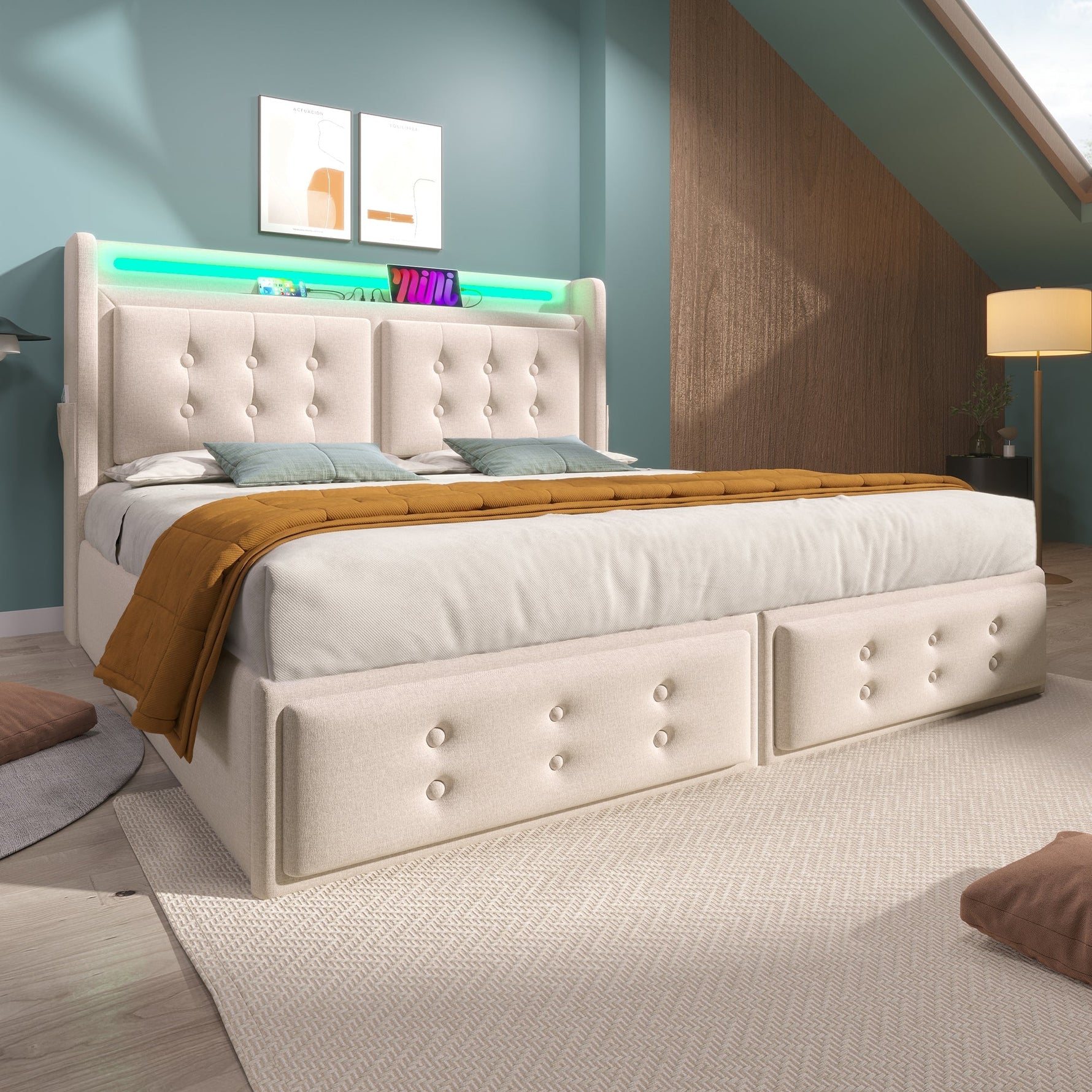 Upholstered Double Bed 180x200cm, Hydraulic Storage, LED Headboard and USB-C Charging, Beige Cotton