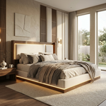 Double Upholstered Bed 140x200 with LED & Storage, Beige Linen