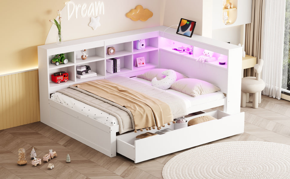 Solid Wood Sofa, 140x200cm Double Bed with Drawers, USB, LED, Shelves, White