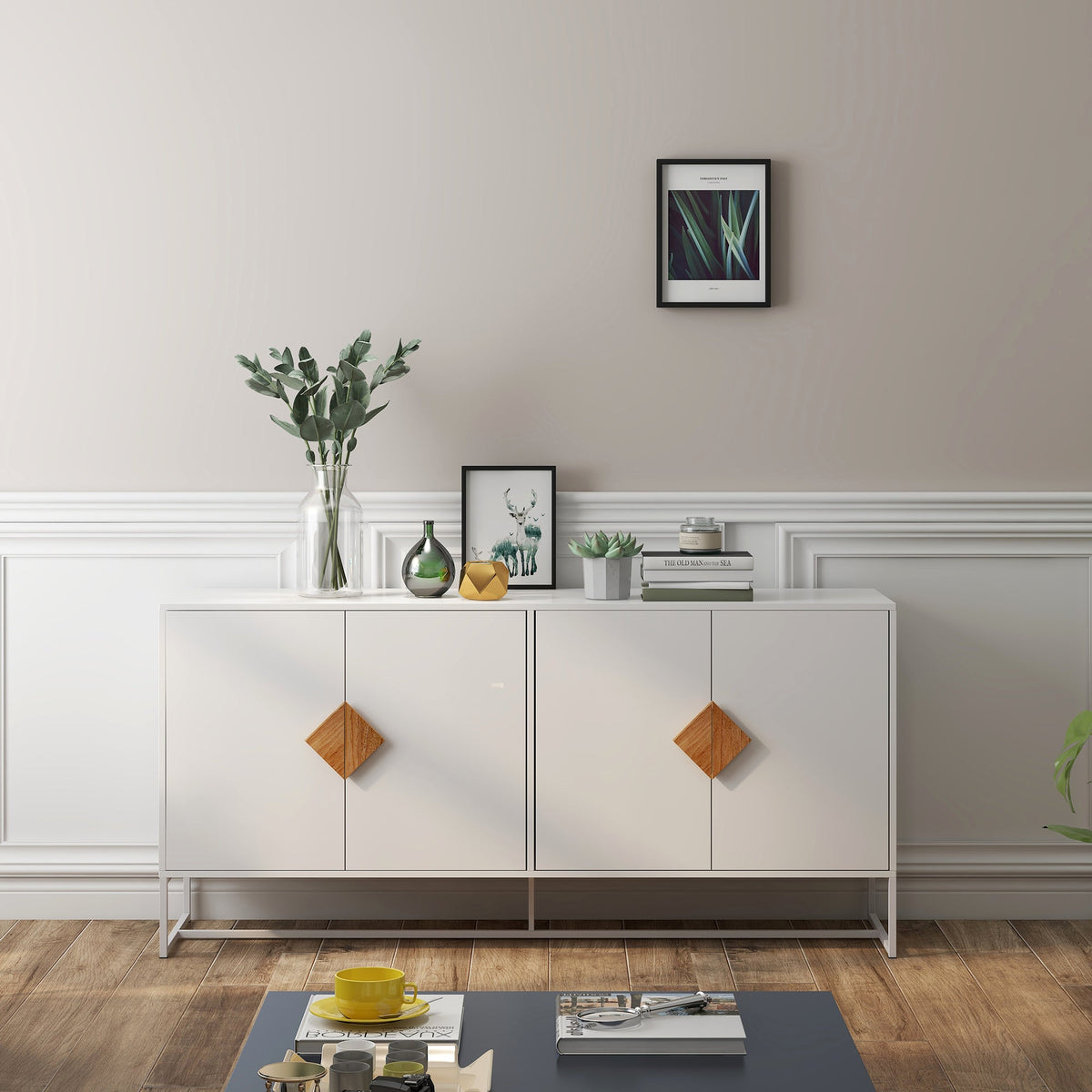 Sideboard, 4 Doors Double Storage Square Handle Design, Solid Wood