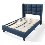 Modern design upholstered bed, single with slatted frame 90x200cm, blue linen