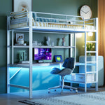 Loft Bed 90x200cm with Desk, Multi-Tiered Shelf, Ladder, USB, and LED Lights, Metal White