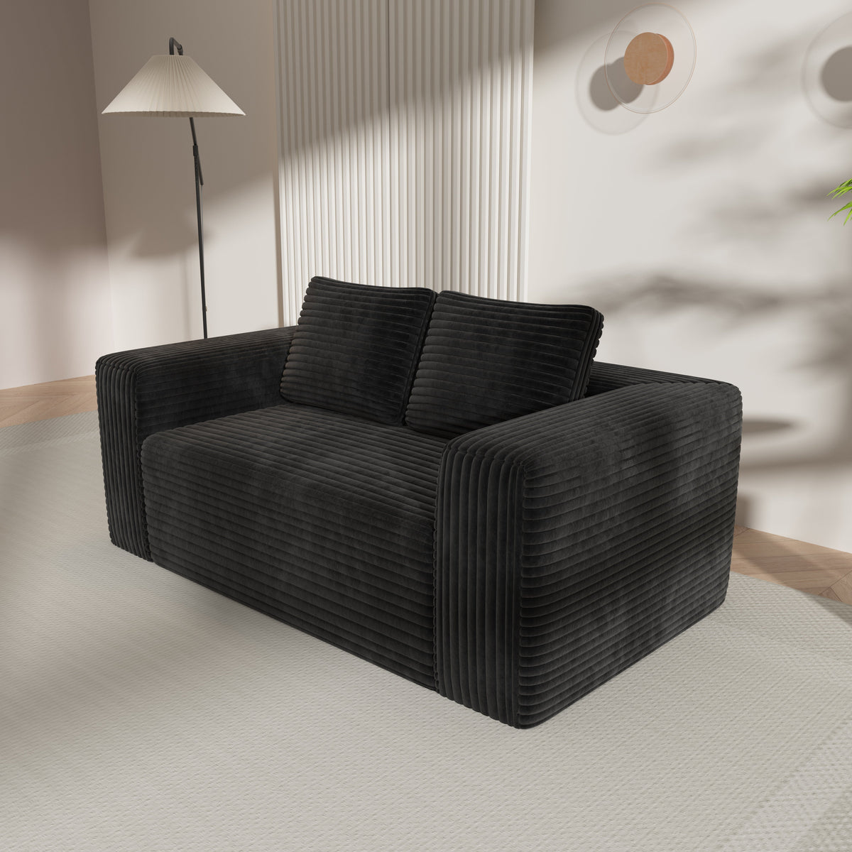 Boneless Deep Seat 2-Seater Couch No Assembly Foam Floor Sofa Plush Corduroy Black