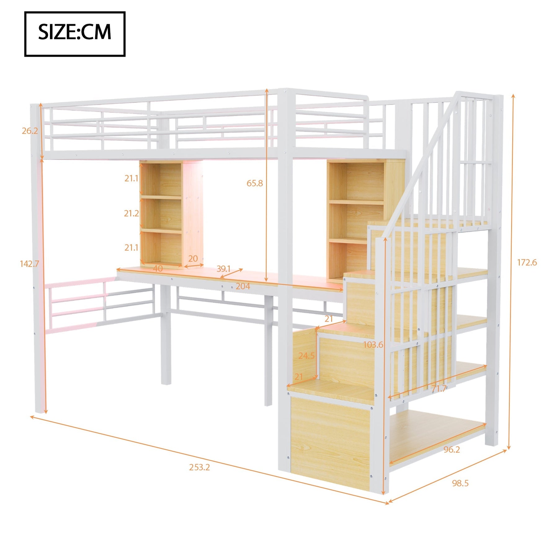 Loft Bed with Desk, Shelf, LED Lighting and Storage Stairs, 90x200cm, White Iron Frame