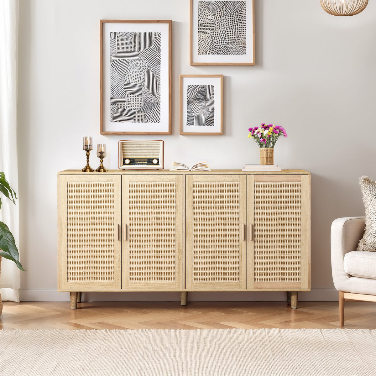 Rattan Decorative Storage Cabinet, 158CM 4-Door, Natural