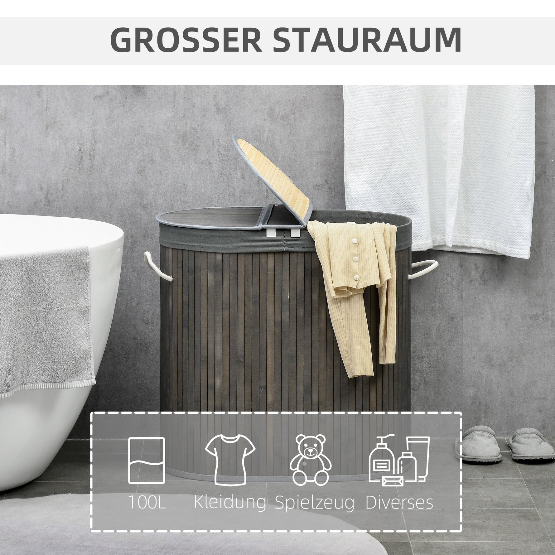 Bamboo Laundry Basket, 100L with 2 Removable Bags, Gray