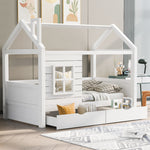 House Bed 90x200 with Fall Protection & Window, Solid Wood White