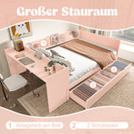 Wooden Double Bed 140x200cm with Desk & Drawers, Pink Pine