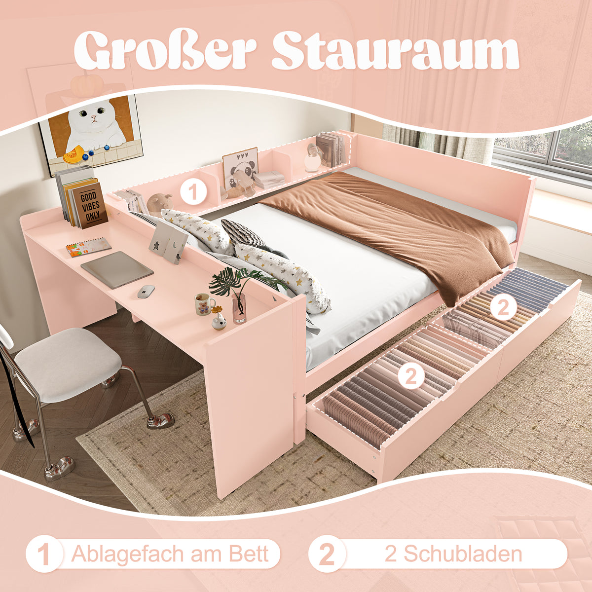 Wooden Double Bed 140x200cm with Desk & Drawers, Pink Pine