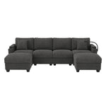 U-Shaped Modular Sofa with Sleeping Function, USB Port and Phone Holder, Gray Corduroy