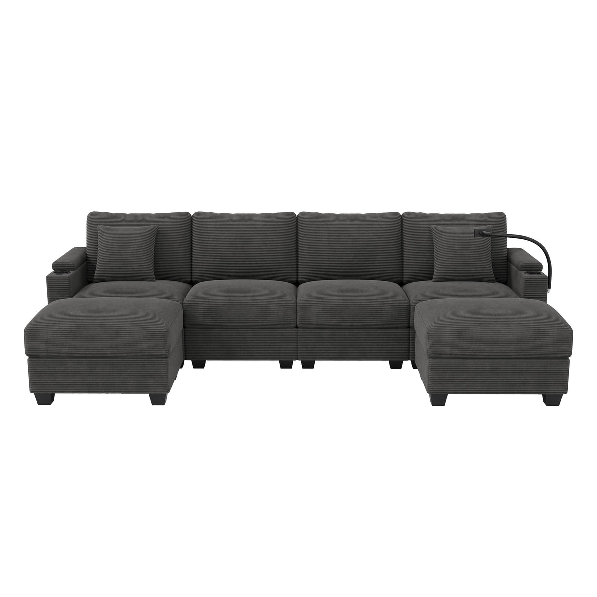 U-Shaped Modular Sofa with Sleeping Function, USB Port and Phone Holder, Gray Corduroy
