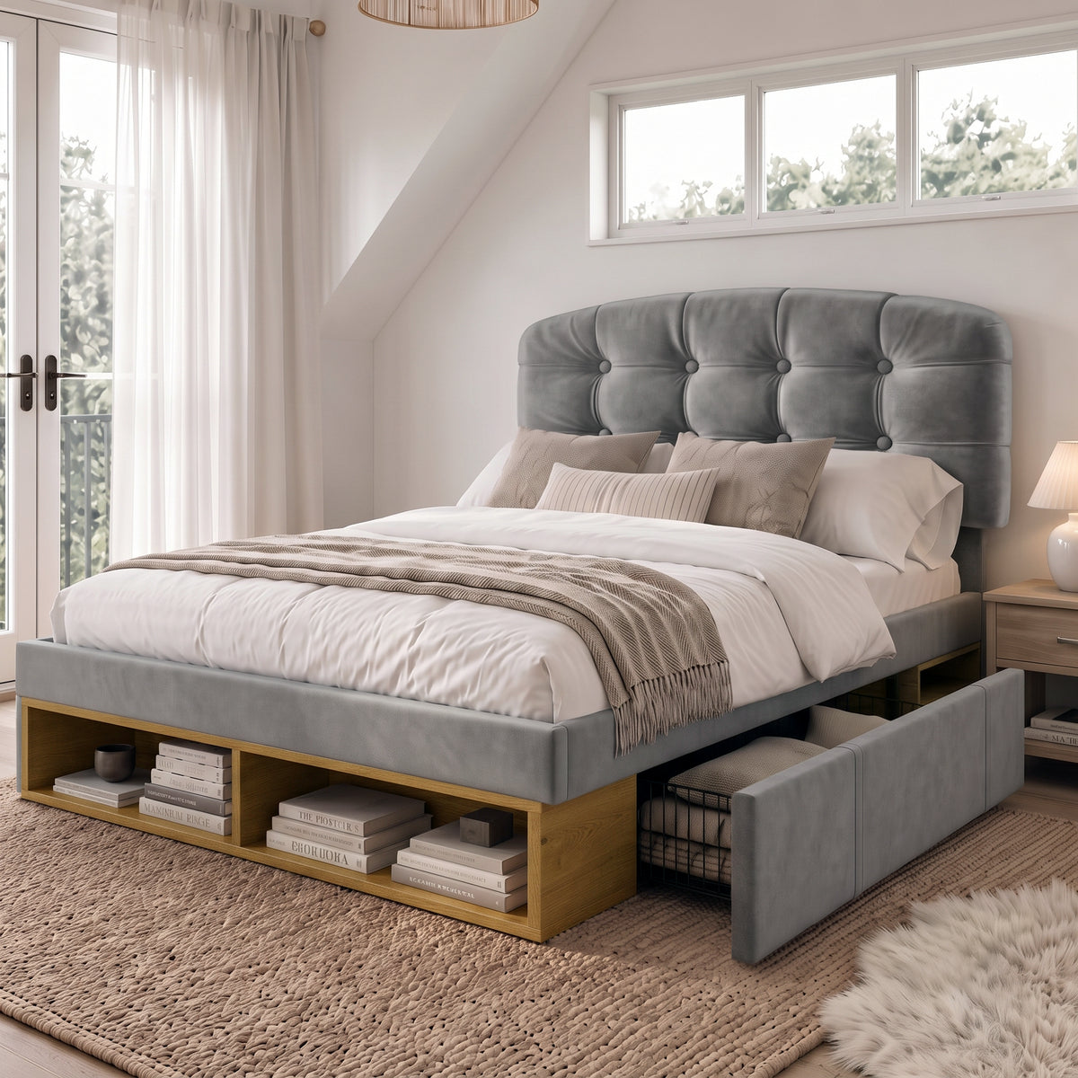 Single Upholstered Bed 90x200 with Drawers, Grey Velvet