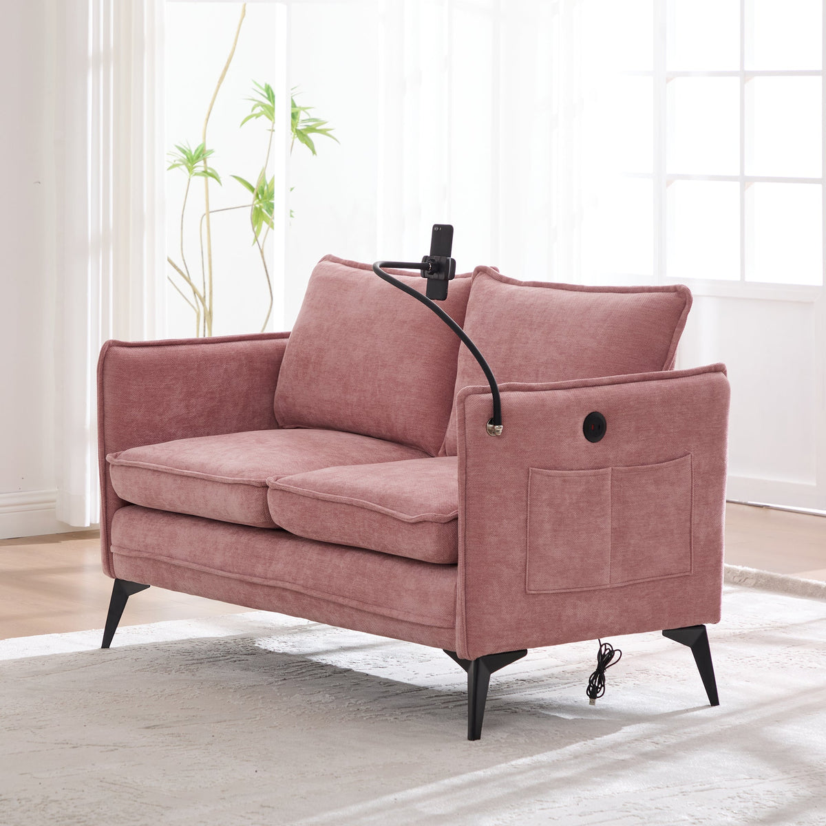 Modern Double Sofa with Storage & Adjustable Phone Holder, Fabric