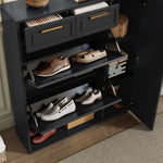 Modern Shoe Cabinet with Adjustable Shelves, Gold Handles, Drawers, Folding Doors, Black