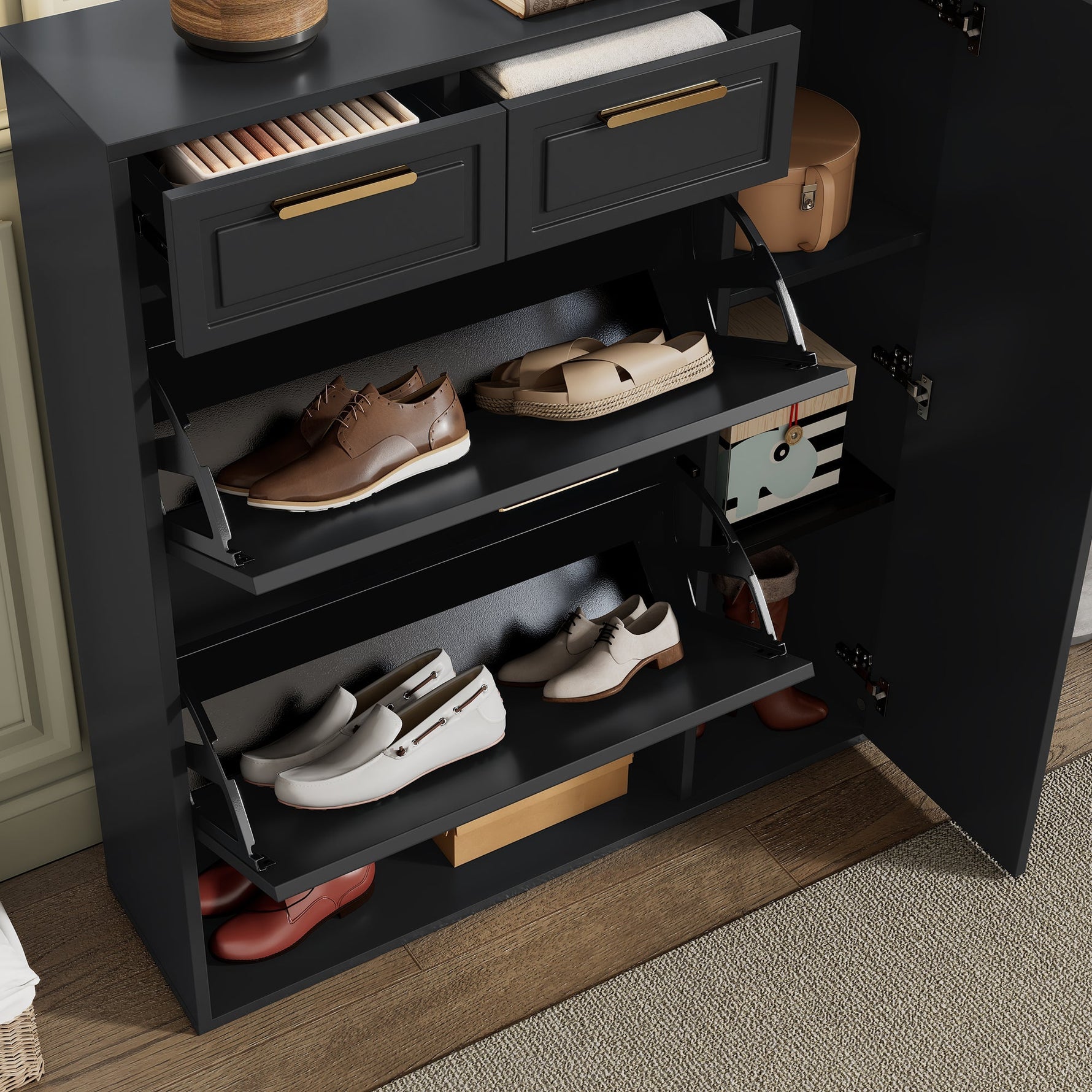 Modern Shoe Cabinet with Adjustable Shelves, Gold Handles, Drawers, Folding Doors, Black