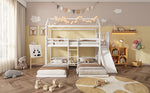 Bunk Bed, Children's with Slide, Roof Design, Three-Sleeper, Storage, Pine + MDF, White