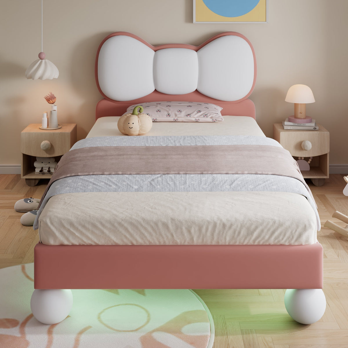 Upholstered Bed, Single Children's with Bow-Tie Headboard & LED Light, Velvet Beige + Pink