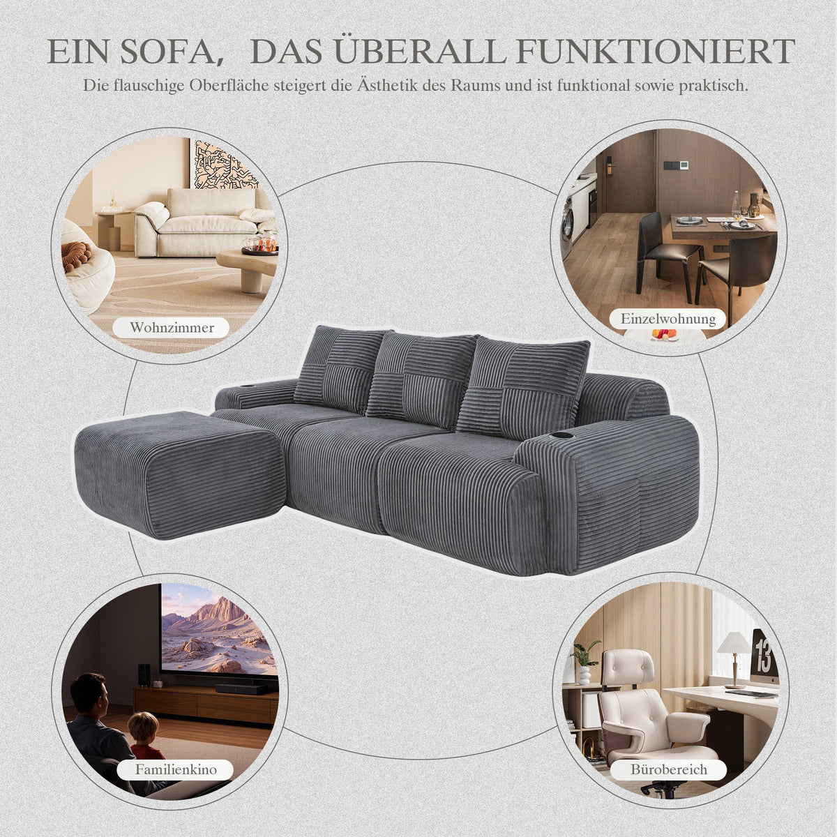 3-Seater Modular Corduroy Sofa with Ottomans, Cup Holders and Storage, Dark Grey