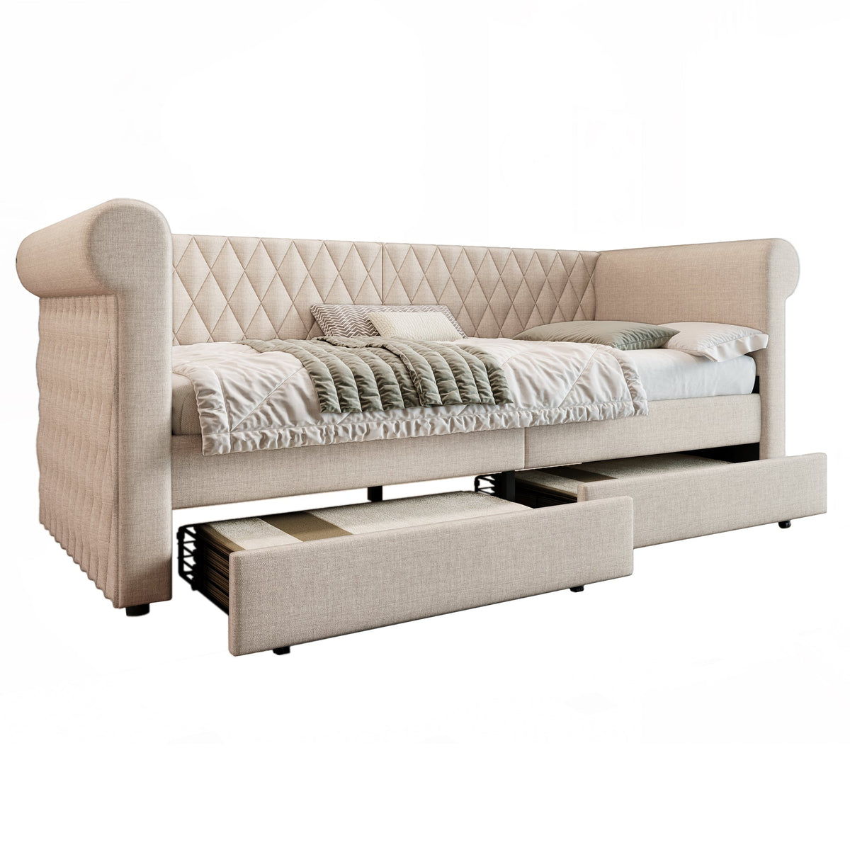 Vintage Upholstered Sofa Bed, 90x200 cm, 2 Storage Drawers, Linen Beige
