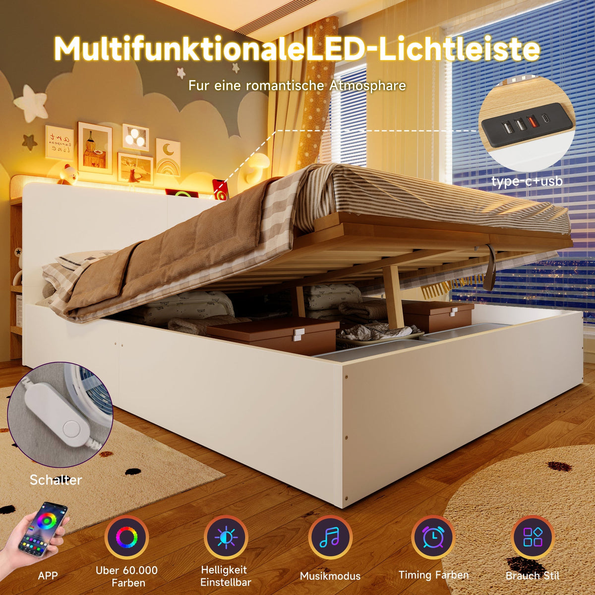 Panel Bed 140x200cm Hydraulic Storage USB-C LED Lighting White/Natural