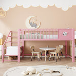 Low Loft Bed for Children with Storage Ladder and Metal Frame, 90x200cm, Pink Metal