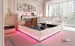 Smart Upholstered Bed with LED, USB and Hydraulic Storage, Beige Velvet