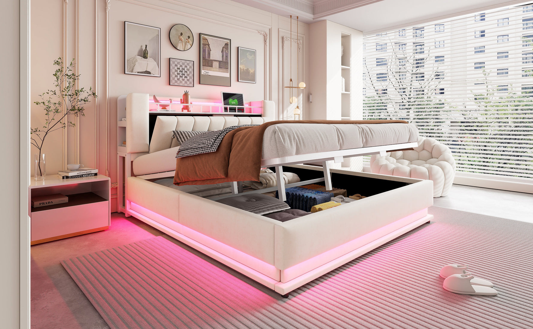 Smart Upholstered Bed with LED, USB and Hydraulic Storage, Beige Velvet