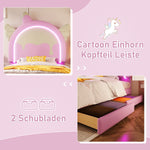 Upholstered Bed 90x200cm Unicorn Shape Light Strip 2 Drawers - PU Pink