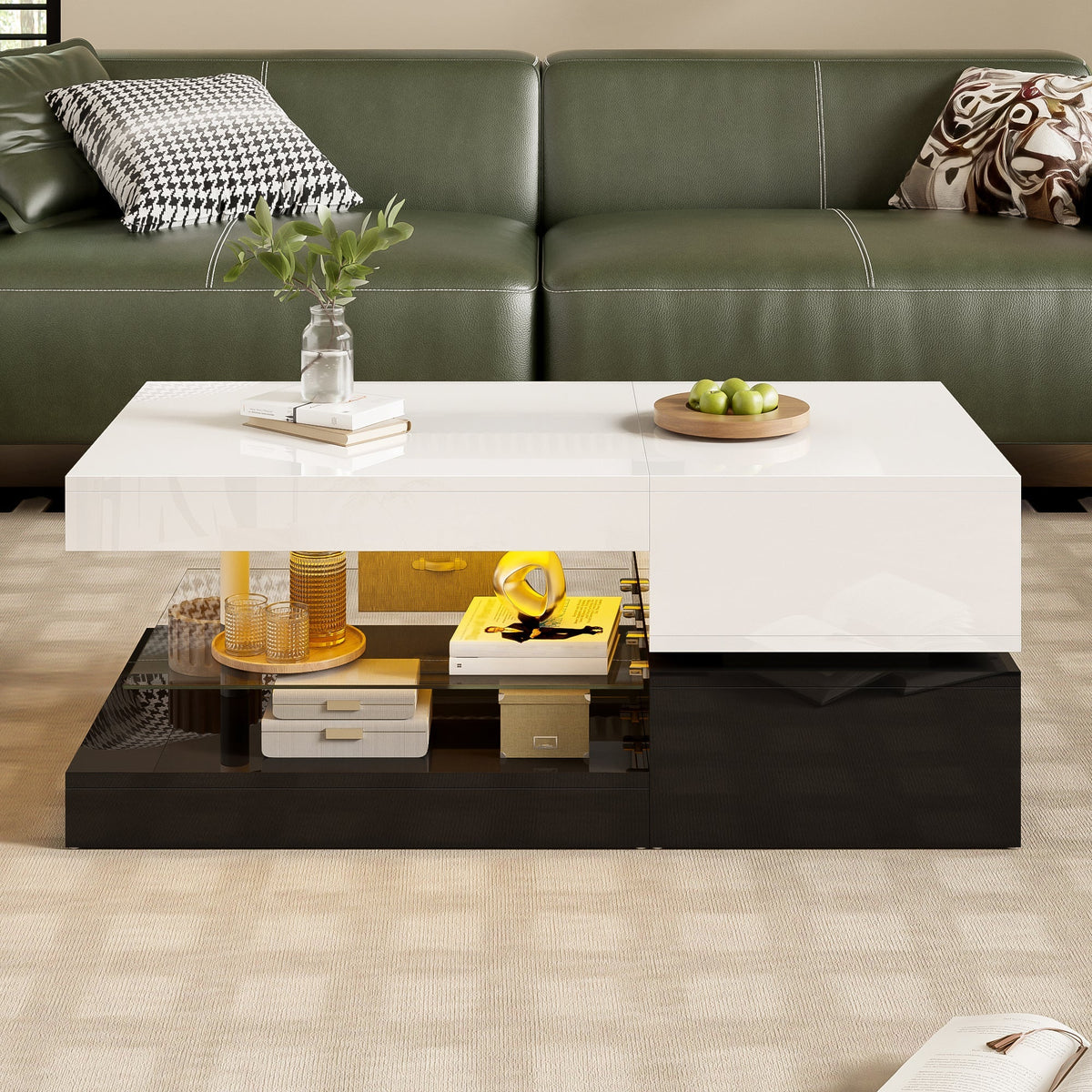 Modern Coffee Table with LED Ambient Lighting, Glass Shelf, High-Gloss Surface, Black and White