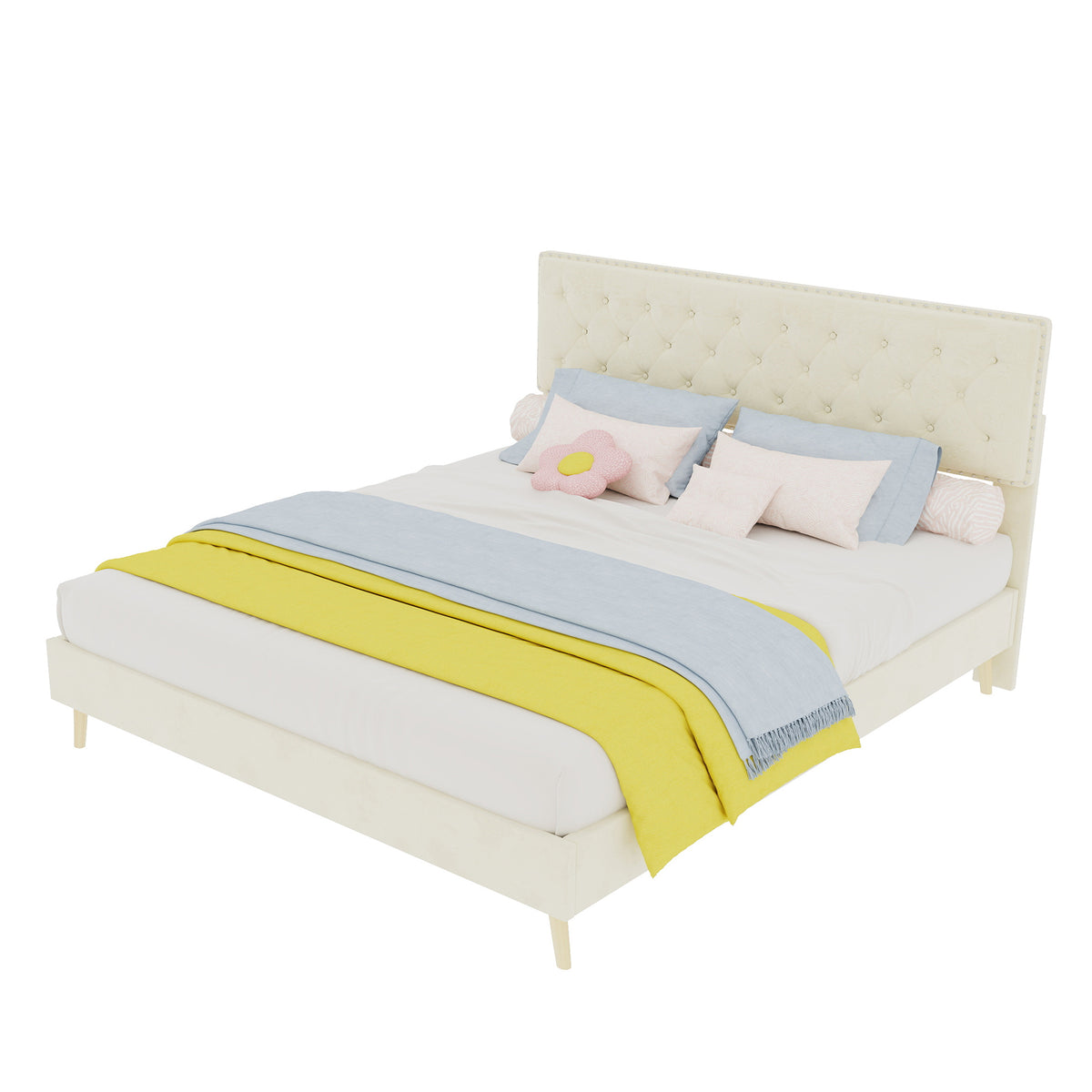 Modern Soft Bed with Soft Headboard & Mattress 160x200cm, Beige