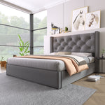 Hydraulic Upholstered Double Bed, 160x200cm, Metal Slatted Frame with Storage, Grey Cotton