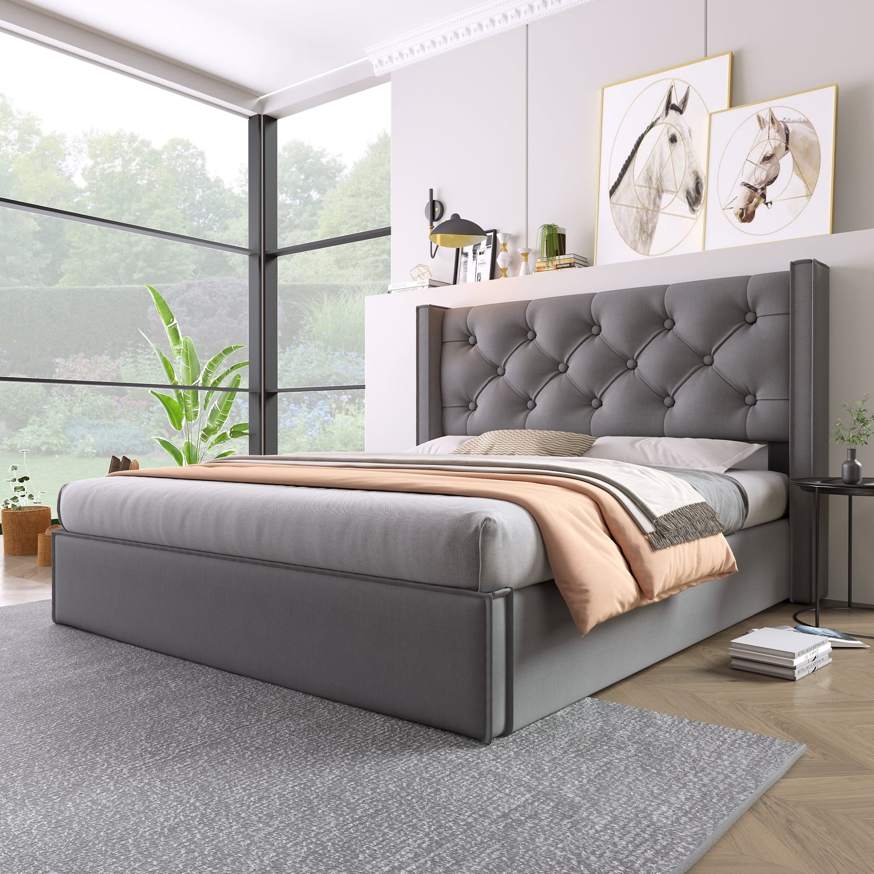Hydraulic Upholstered Double Bed, 160x200cm, Metal Slatted Frame with Storage, Grey Cotton