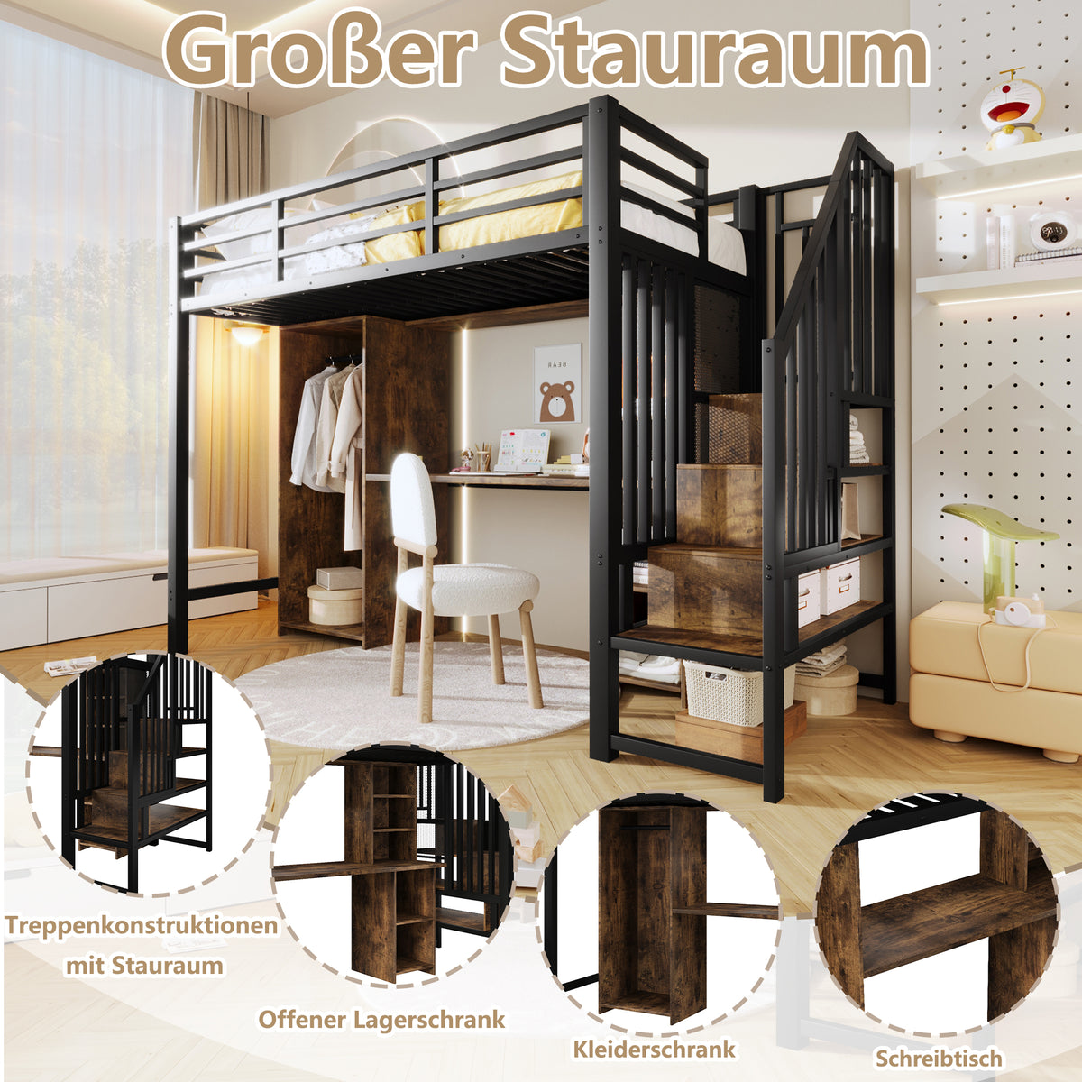 Loft Bed 90x200 cm with Wardrobe, Desk & Storage, Black Iron Frame