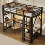 Loft Bed 90x200 with Desk, Shelves & LED Light, Black Iron Frame