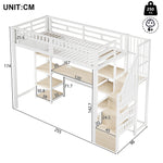Loft Bed with Desk, Storage Ladder and LED Light Strip, White Metal Frame