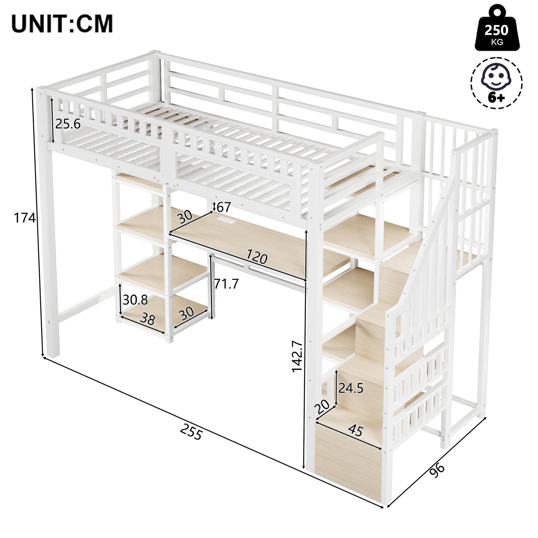 Loft Bed with Desk, Storage Ladder and LED Light Strip, White Metal Frame