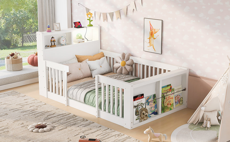 Wooden Single Bed 90x190cm with USB, Light & Storage, White