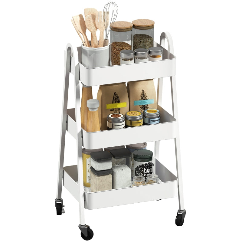 Serving Cart, 3 Levels with Wheels and Brake, White