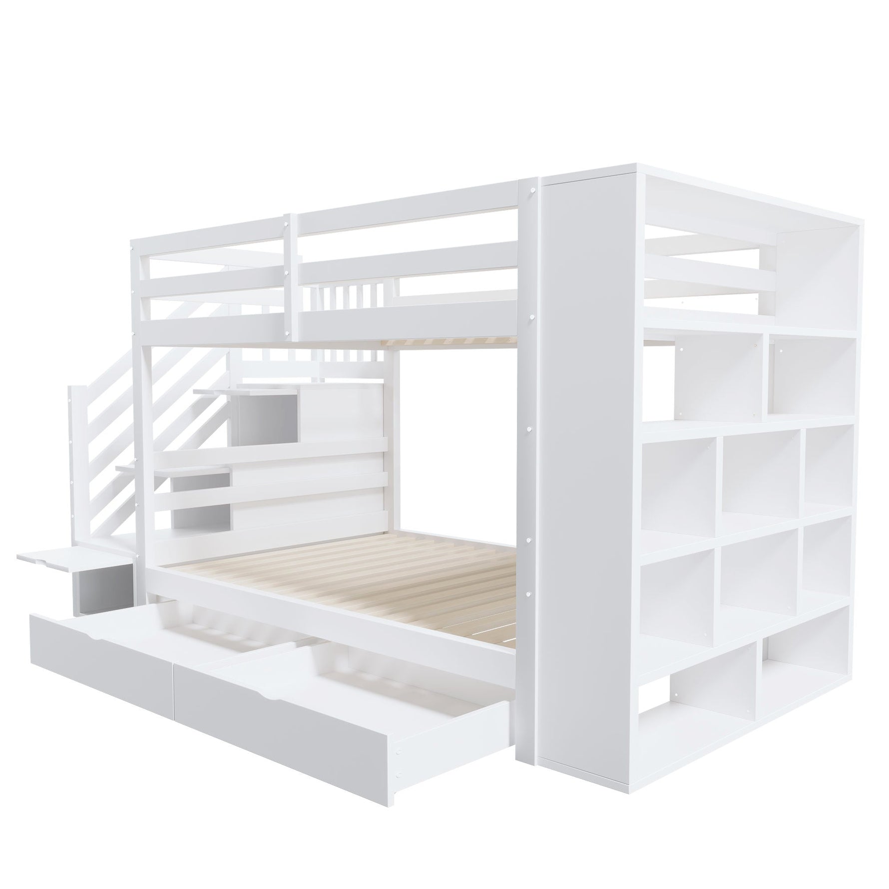 Bunk Bed with Storage Stairs and Drawers, 90x200cm, Pine Wood, White and Grey