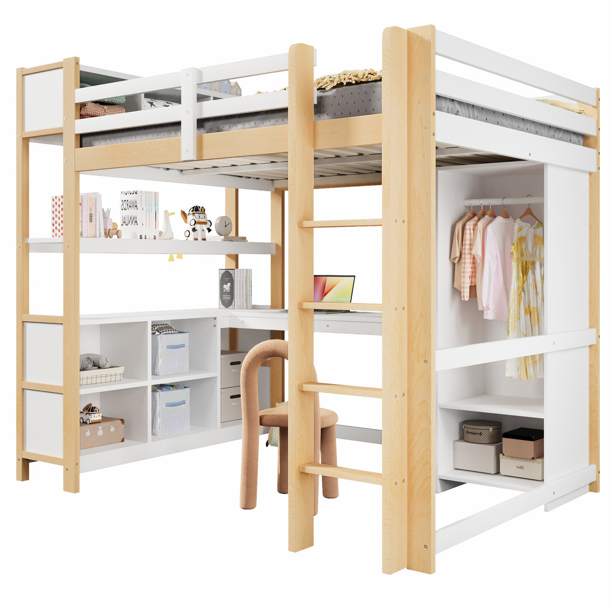 Loft Bed 140x200cm with Storage, Desk & Wardrobe, Natural