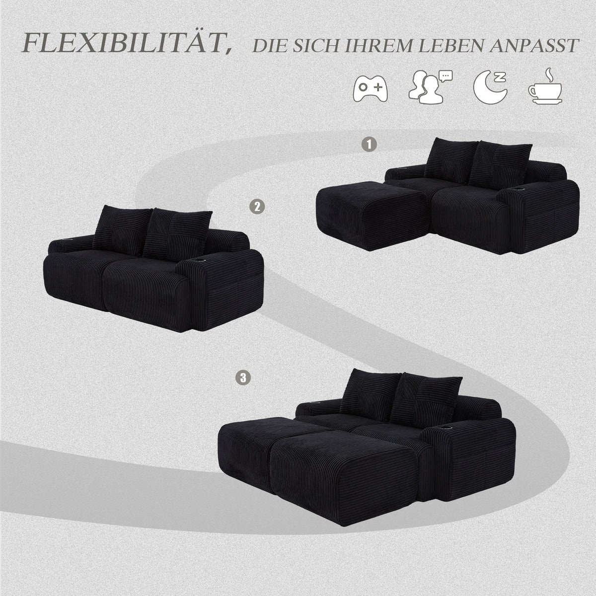 Modular 2-Seater Sofa with 2 Ottomans, Cupholder and Storage Pocket, Black Corduroy