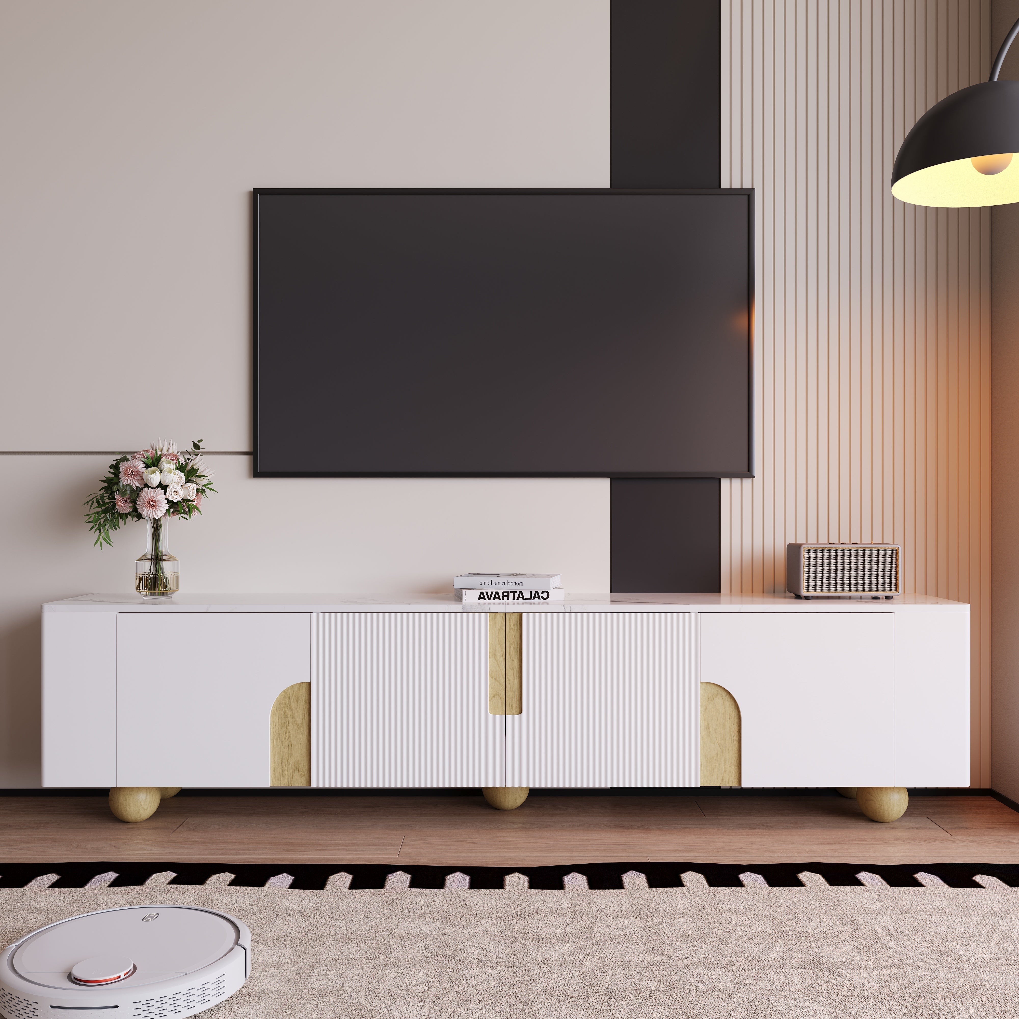 TV Cabinet 180cm 4 Doors Marble-Effect Spherical Feet, White