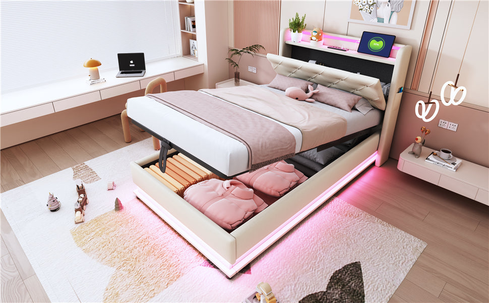 Children's Upholstered Bed 90*200cm, Lights, USB, Storage, Beige Linen