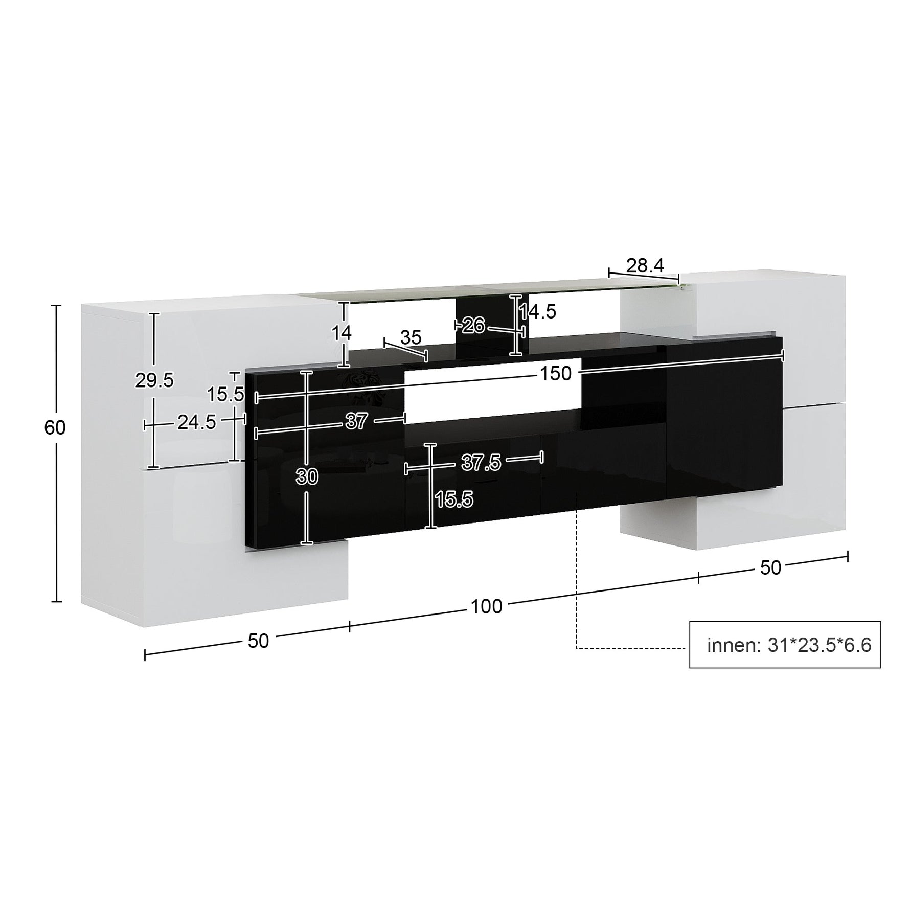 TV Cabinet Low Panel 200 cm LED Lighting High-Gloss White/Black with Glass Surface