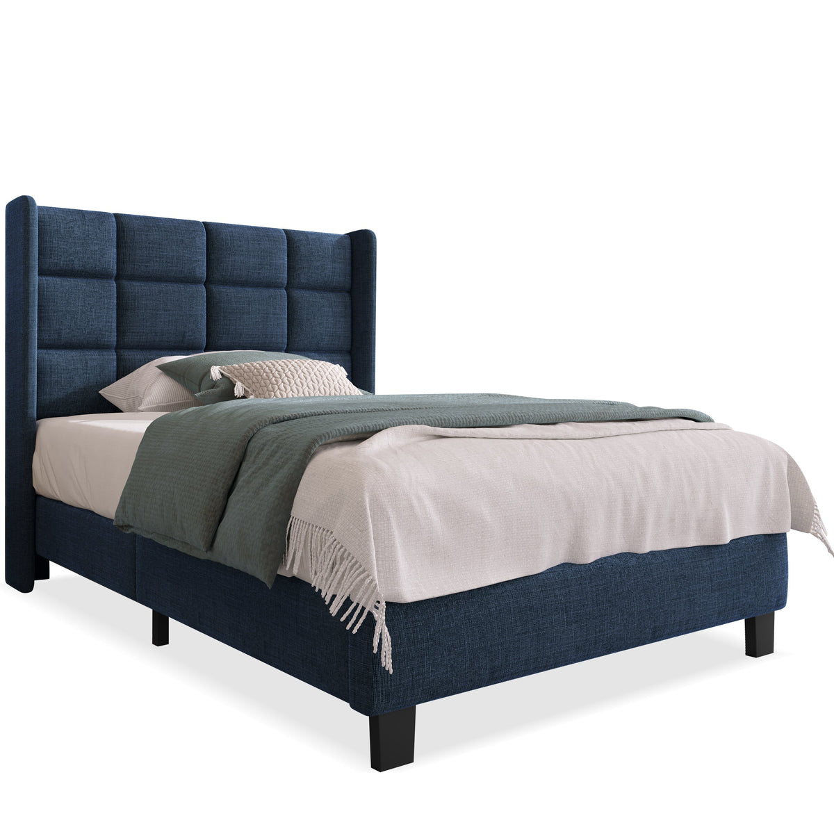 Modern design upholstered bed, single with slatted frame 90x200cm, blue linen