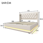 Upholstered Double Bed, Hydraulic Storage, USB-C, LED, White PU
