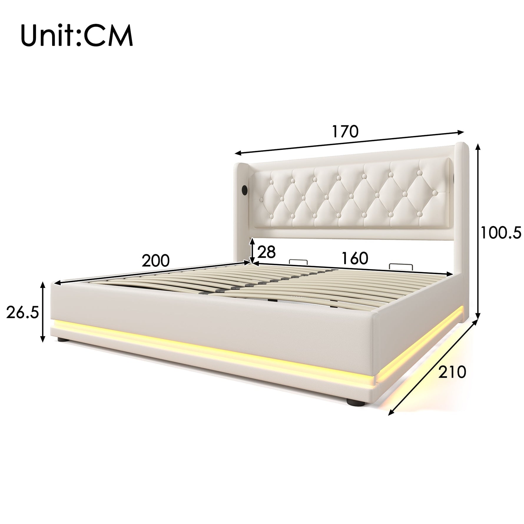 Upholstered Double Bed, Hydraulic Storage, USB-C, LED, White PU