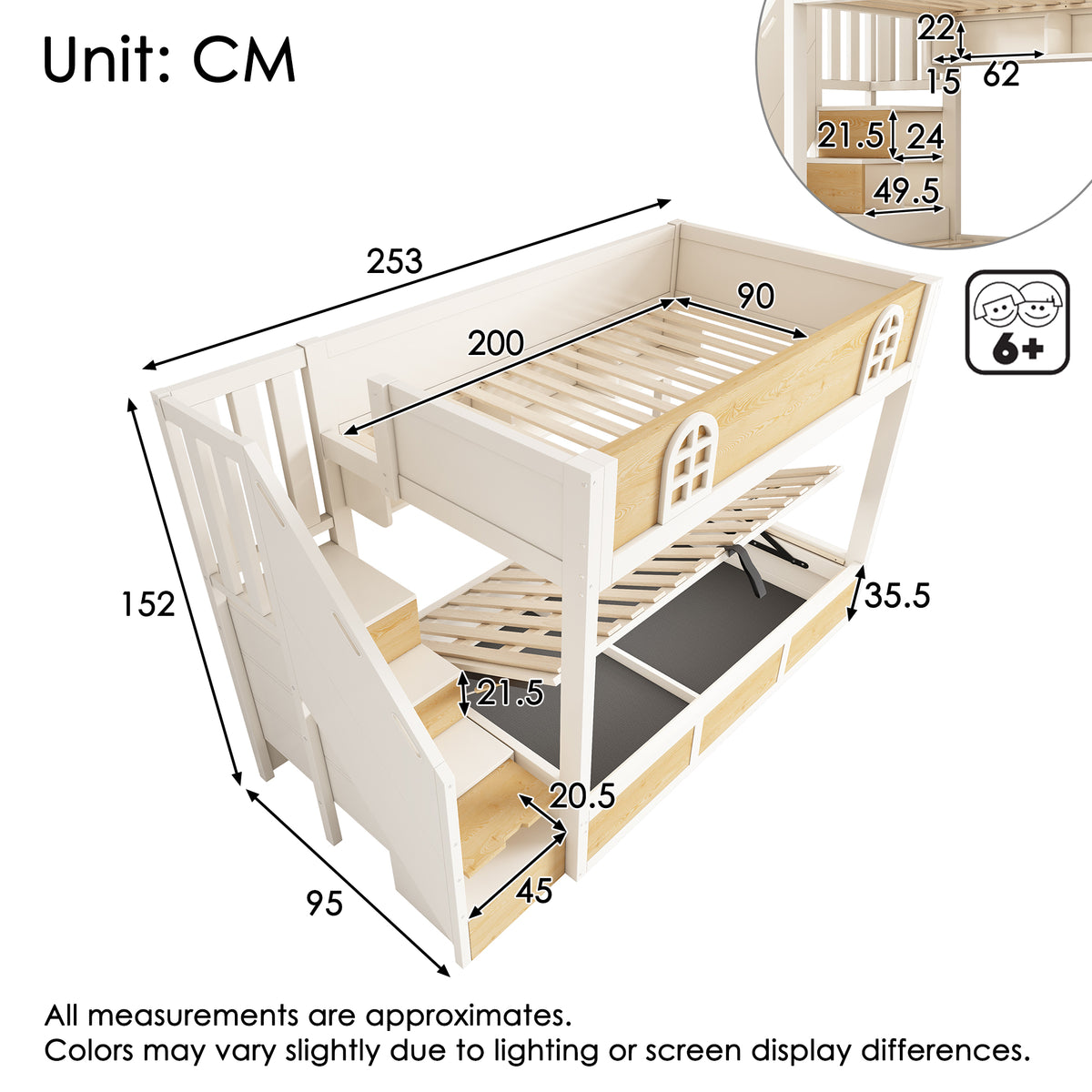 Children's Bunk Bed 90x200cm with Storage Staircase, White & Natural